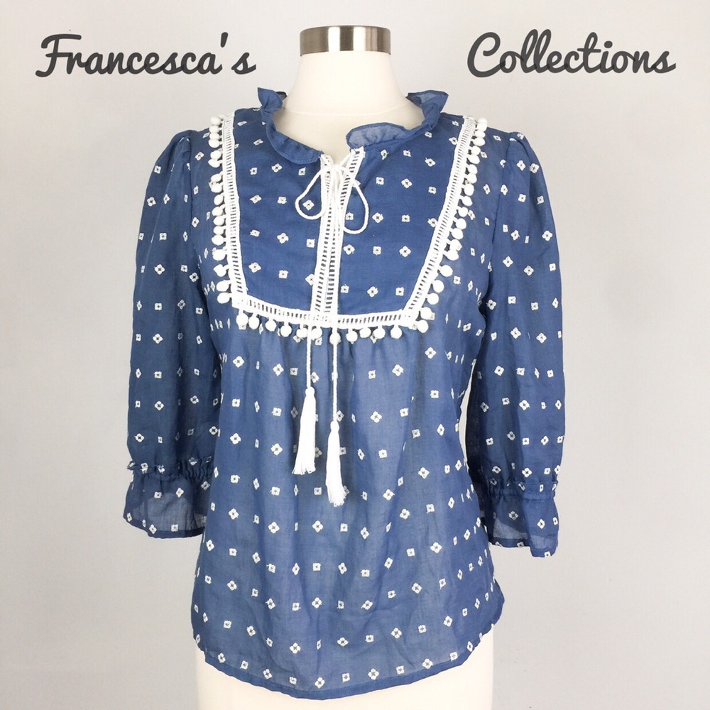 Francesca’s Embroidered Tassel Tie Blouse
